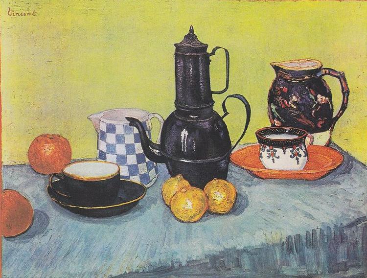 Vincent Van Gogh Still life with coffee pot, dishes and fruit oil painting image